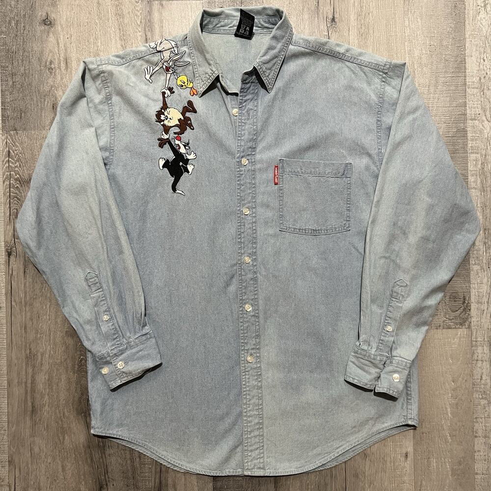 VTG Warner Bros Studios Looney Tunes Denim Wrap Graphic Blue Button Shirt M